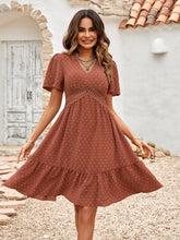 Load image into Gallery viewer, Womens Dress-Swiss Dot V-Neck Openwork Puff Sleeve Dress | Dress
