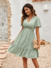 Load image into Gallery viewer, Womens Dress-Swiss Dot V-Neck Openwork Puff Sleeve Dress | Dress
