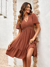 Load image into Gallery viewer, Womens Dress-Swiss Dot V-Neck Openwork Puff Sleeve Dress | Dress
