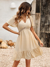 Load image into Gallery viewer, Womens Dress-Swiss Dot V-Neck Openwork Puff Sleeve Dress | Dress
