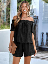 Load image into Gallery viewer, Womens Short Set-Textured Frill Trim Off-Shoulder Top and Shorts Set | shorts
