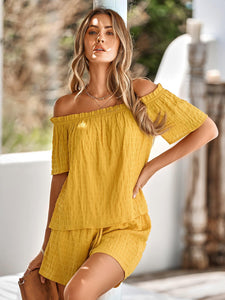 Womens Short Set-Textured Frill Trim Off-Shoulder Top and Shorts Set | shorts