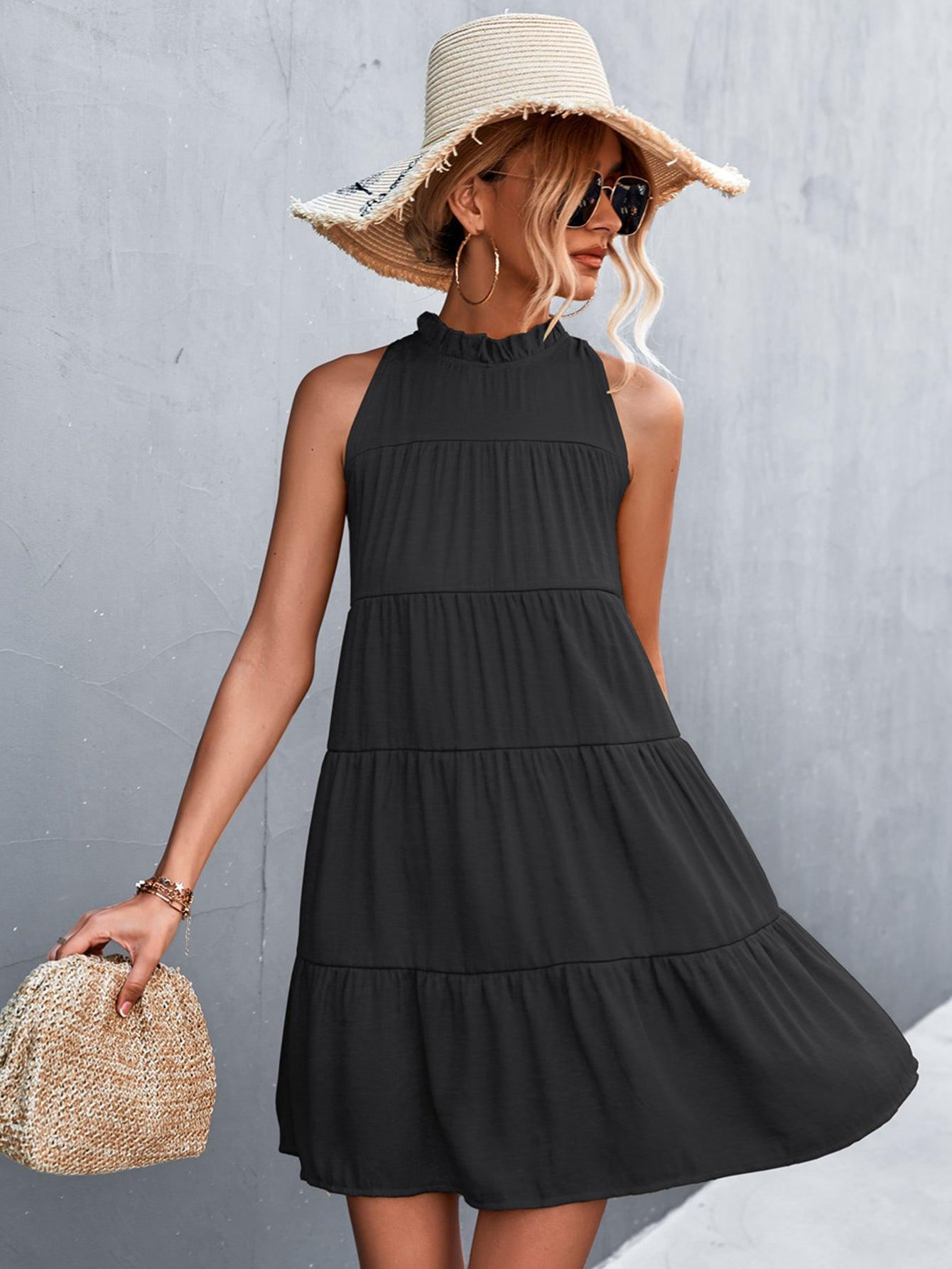 Womens Dress-Tie Back Mock Neck Tiered Dress | Dress