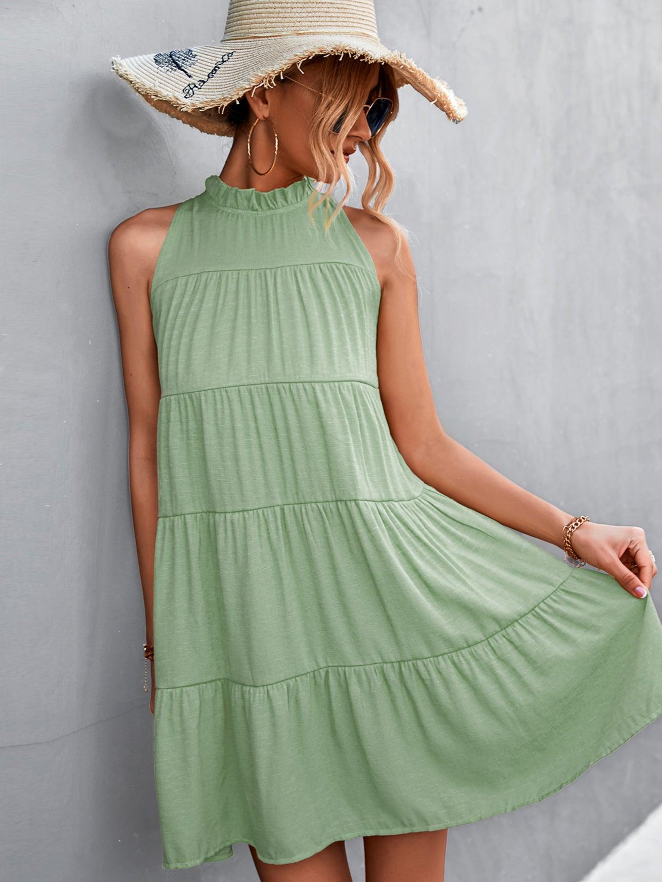 Womens Dress-Tie Back Mock Neck Tiered Dress | Dress