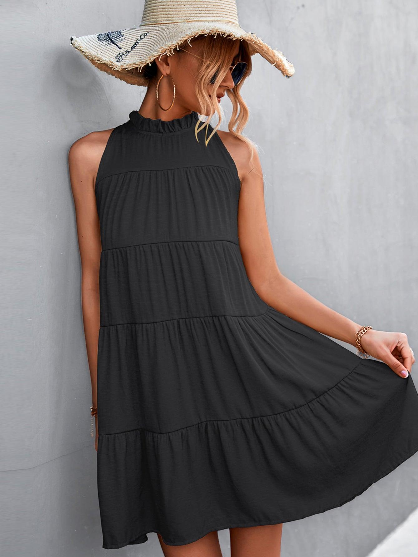 Womens Dress-Tie Back Mock Neck Tiered Dress | Dress