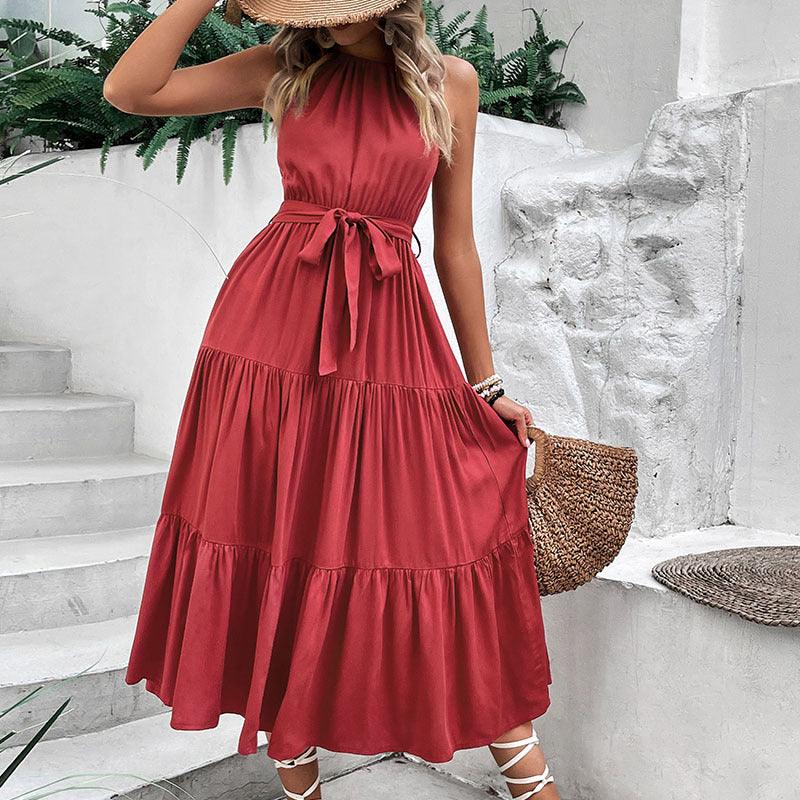 Womens Dress-Tie Tiered Belted Waist Midi Dress