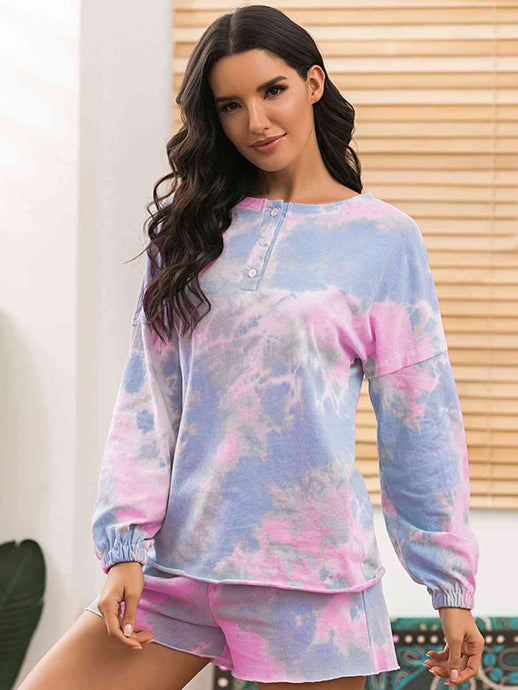 Womens Shorts Set-Tie-Dye Long Sleeve Top and Shorts Lounge Set