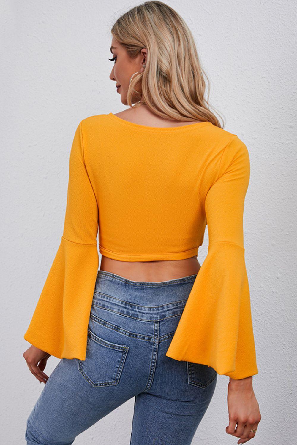 Womens Blouse-Tie Front Flare Sleeve Cropped Top | Tops/Blouses & Shirts