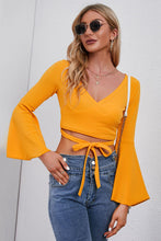 Load image into Gallery viewer, Womens Blouse-Tie Front Flare Sleeve Cropped Top | Tops/Blouses &amp; Shirts
