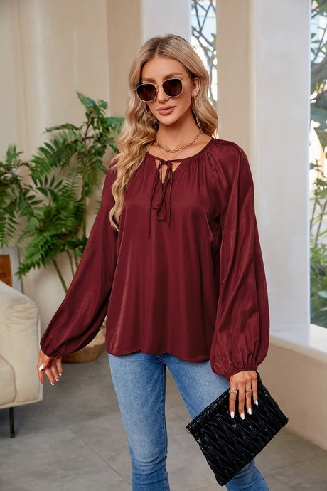 Womens Blouse-Tie Neck Balloon Sleeve Blouse | Tops/Blouses & Shirts