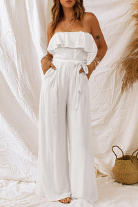 Womens Jumpsuit-Tie-Waist Ruffled Strapless Wide Leg Jumpsuit