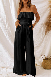 Womens Jumpsuit-Tie-Waist Ruffled Strapless Wide Leg Jumpsuit