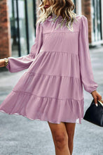 Load image into Gallery viewer, Womens Mini Dress-Tied Ruffle Collar Puff Sleeve Mini Dress | Dress
