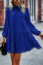 Load image into Gallery viewer, Womens Mini Dress-Tied Ruffle Collar Puff Sleeve Mini Dress | Dress
