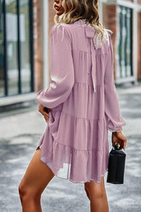 Womens Mini Dress-Tied Ruffle Collar Puff Sleeve Mini Dress | Dress