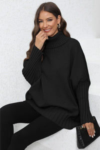 Womens Sweater-Turtle Neck Long Sleeve Ribbed Sweater