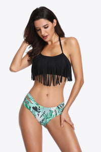 Womens Swimsuit-Two-Tone Fringe Trim Tied Bikini Set