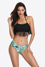 Load image into Gallery viewer, Womens Swimsuit-Two-Tone Fringe Trim Tied Bikini Set
