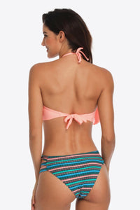 Womens Swimsuit-Two-Tone Fringe Trim Tied Bikini Set