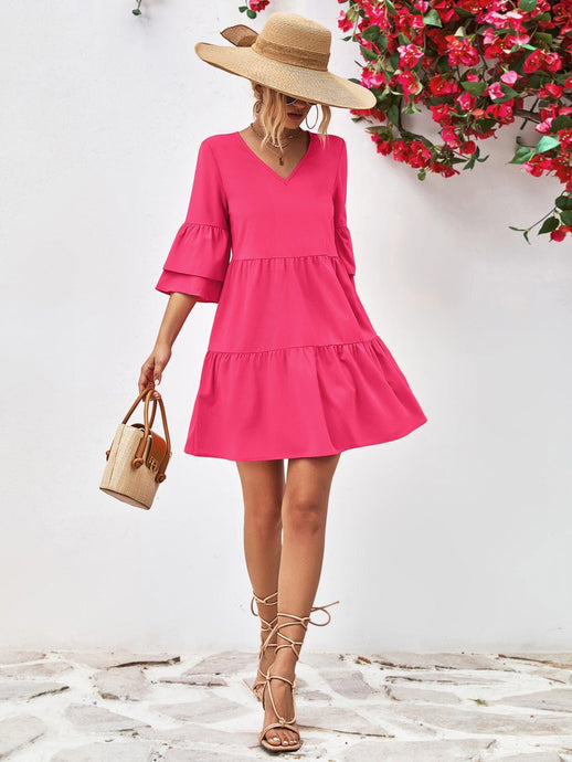 Womens Mini Dress-V-Neck Flare Sleeve Mini Dress | Dress