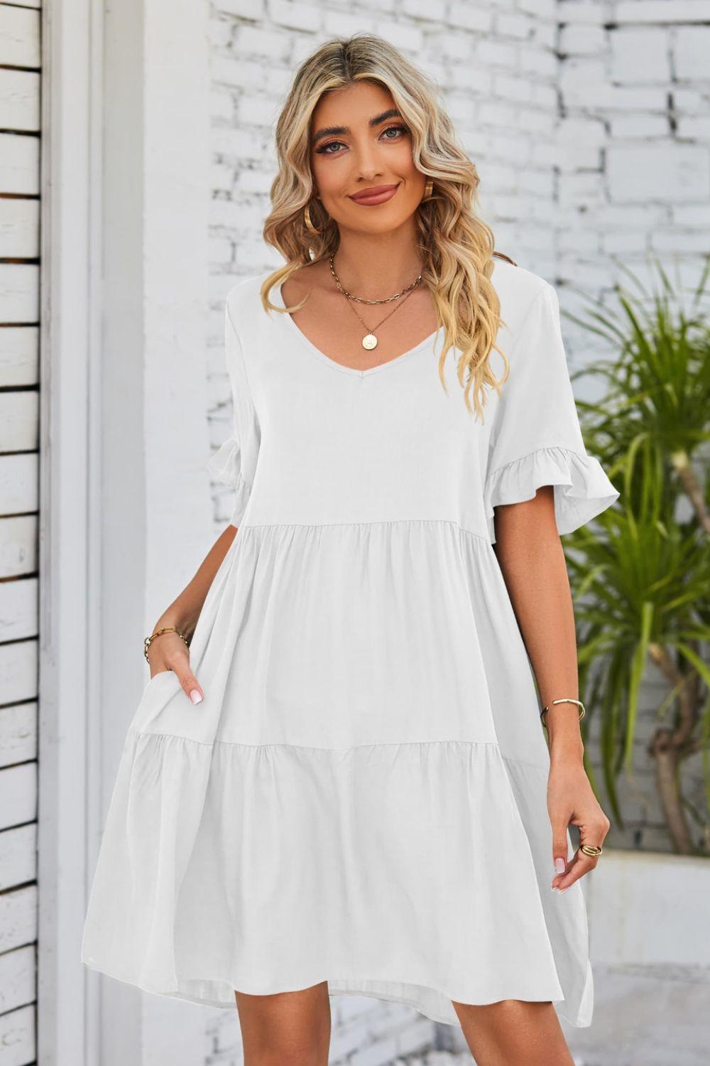 Womens Dress-V-Neck Flounce Sleeve Tiered Dress | Dresses/Mini Dresses