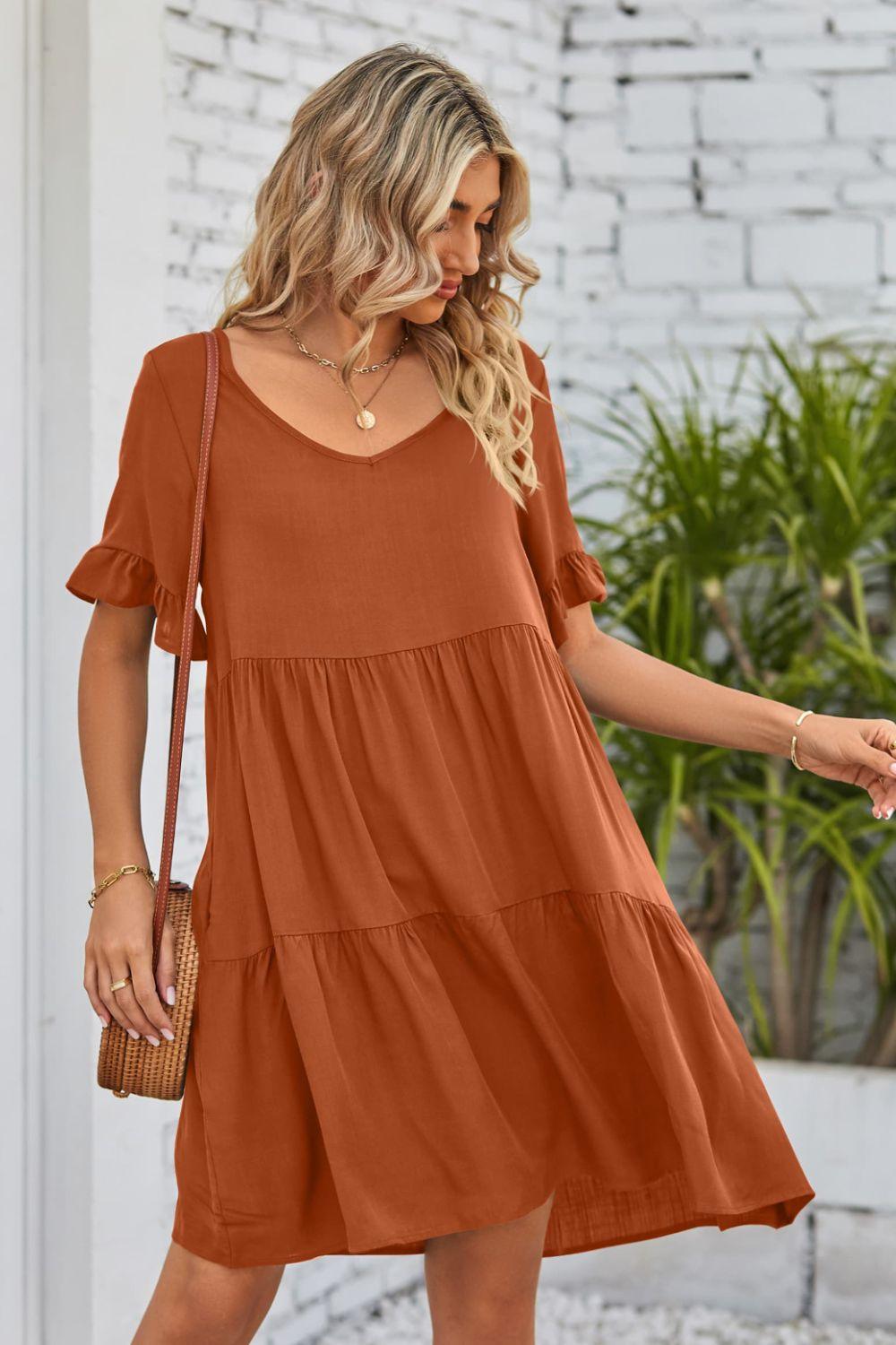 Womens Dress-V-Neck Flounce Sleeve Tiered Dress | Dresses/Mini Dresses