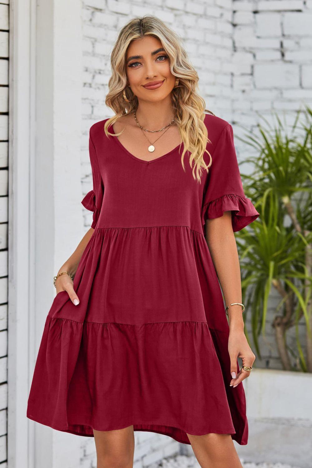 Womens Dress-V-Neck Flounce Sleeve Tiered Dress | Dresses/Mini Dresses