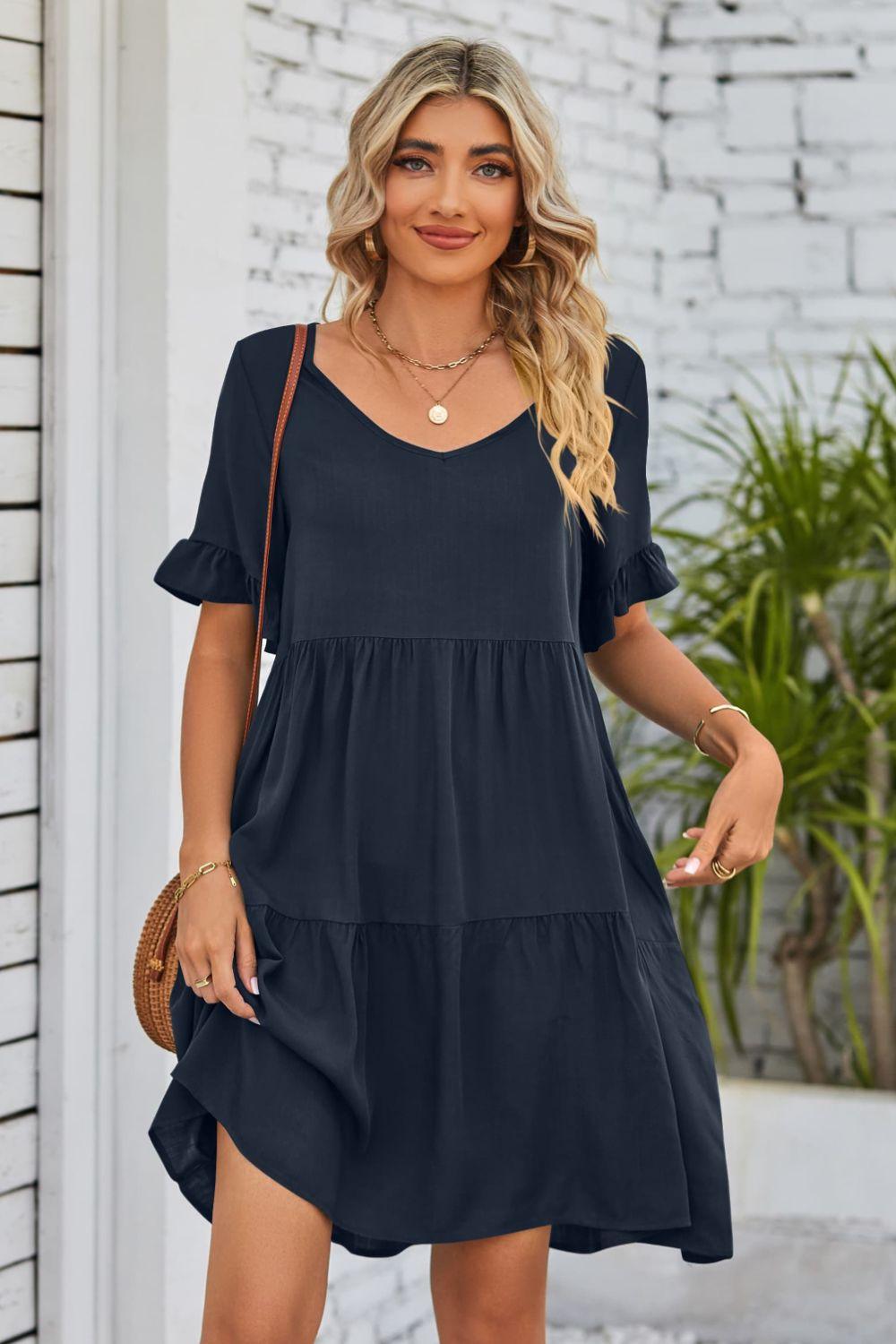 Womens Dress-V-Neck Flounce Sleeve Tiered Dress | Dresses/Mini Dresses