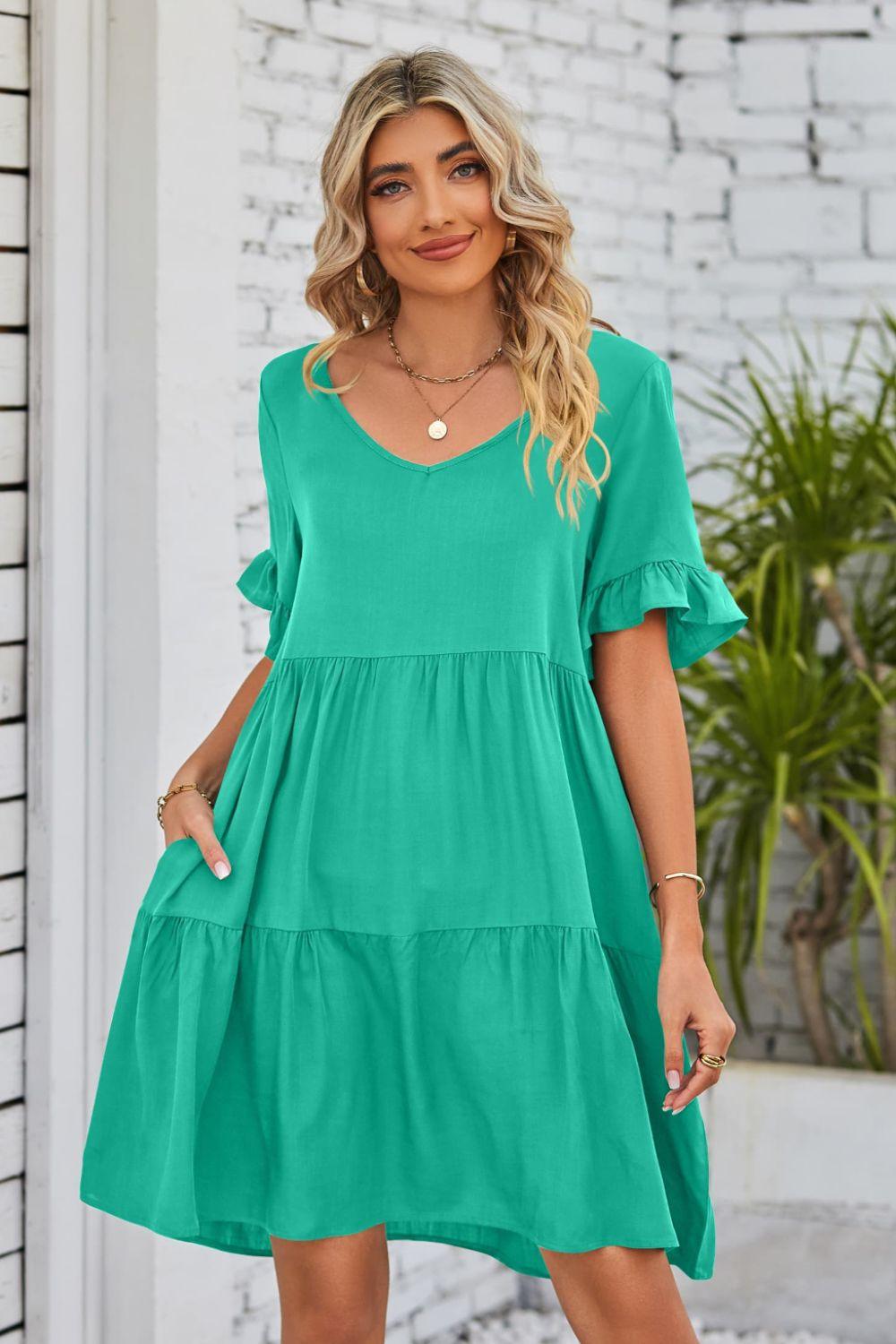 Womens Dress-V-Neck Flounce Sleeve Tiered Dress | Dresses/Mini Dresses