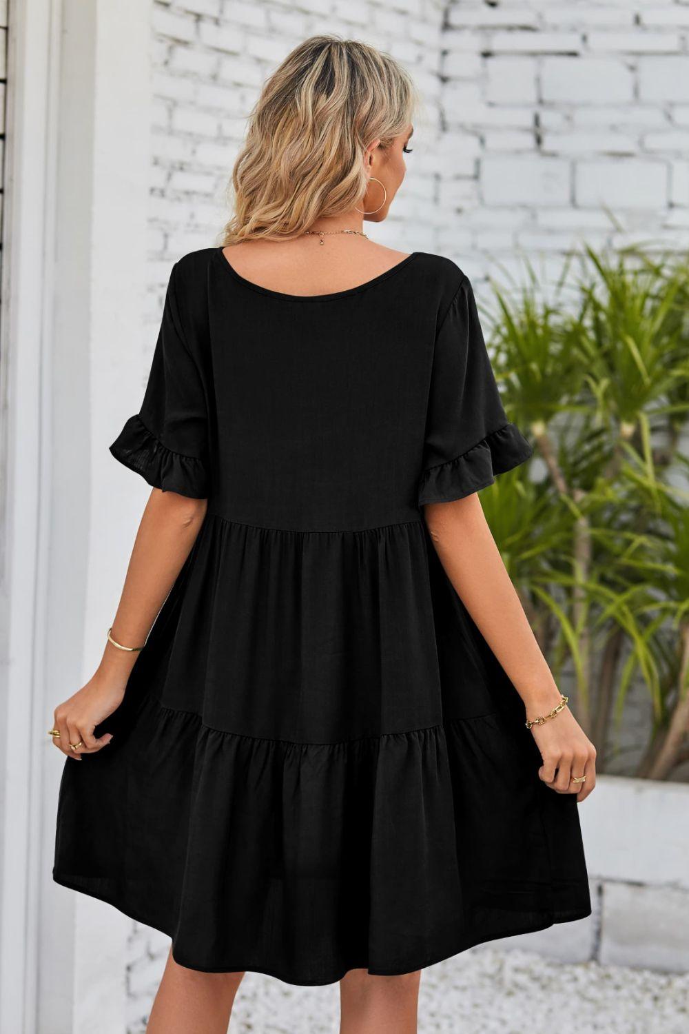 Womens Dress-V-Neck Flounce Sleeve Tiered Dress | Dresses/Mini Dresses