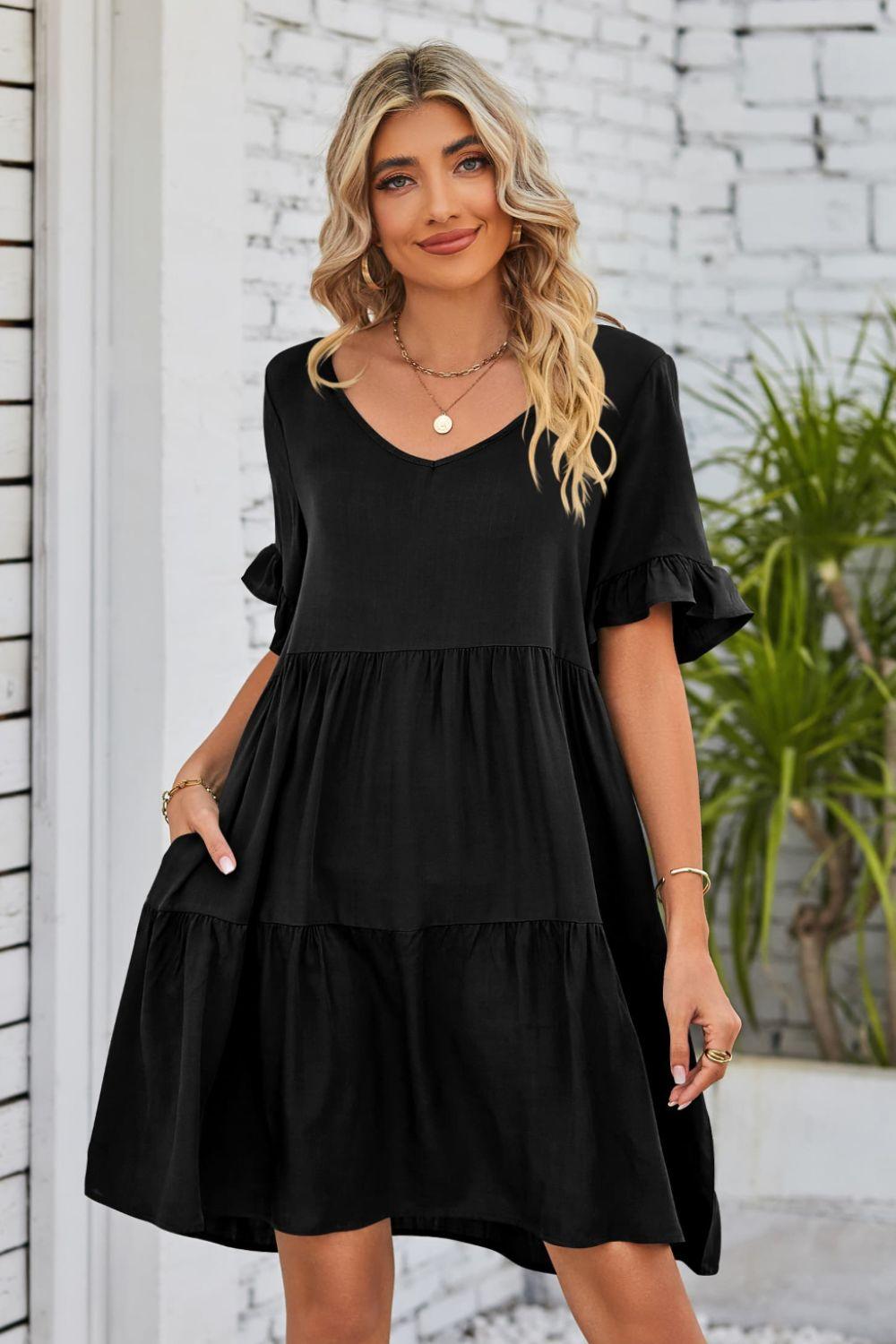 Womens Dress-V-Neck Flounce Sleeve Tiered Dress | Dresses/Mini Dresses