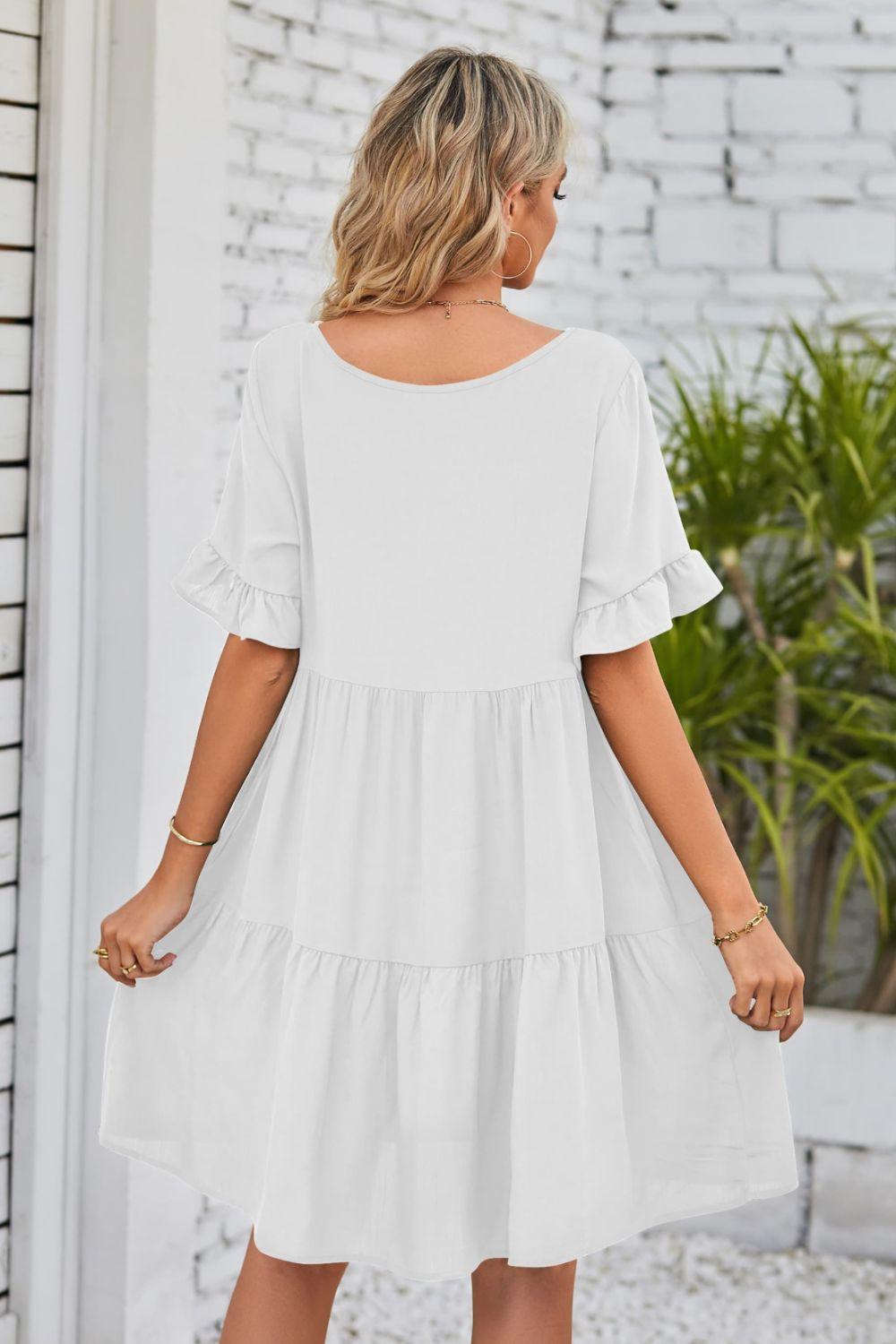 Womens Dress-V-Neck Flounce Sleeve Tiered Dress | Dresses/Mini Dresses