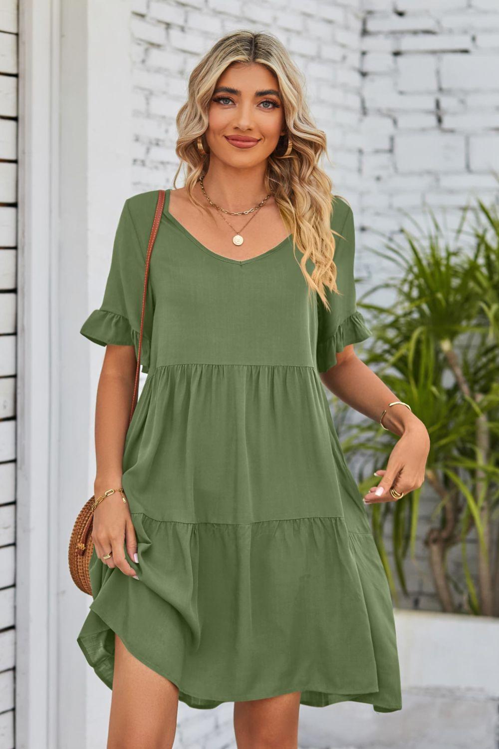 Womens Dress-V-Neck Flounce Sleeve Tiered Dress | Dresses/Mini Dresses