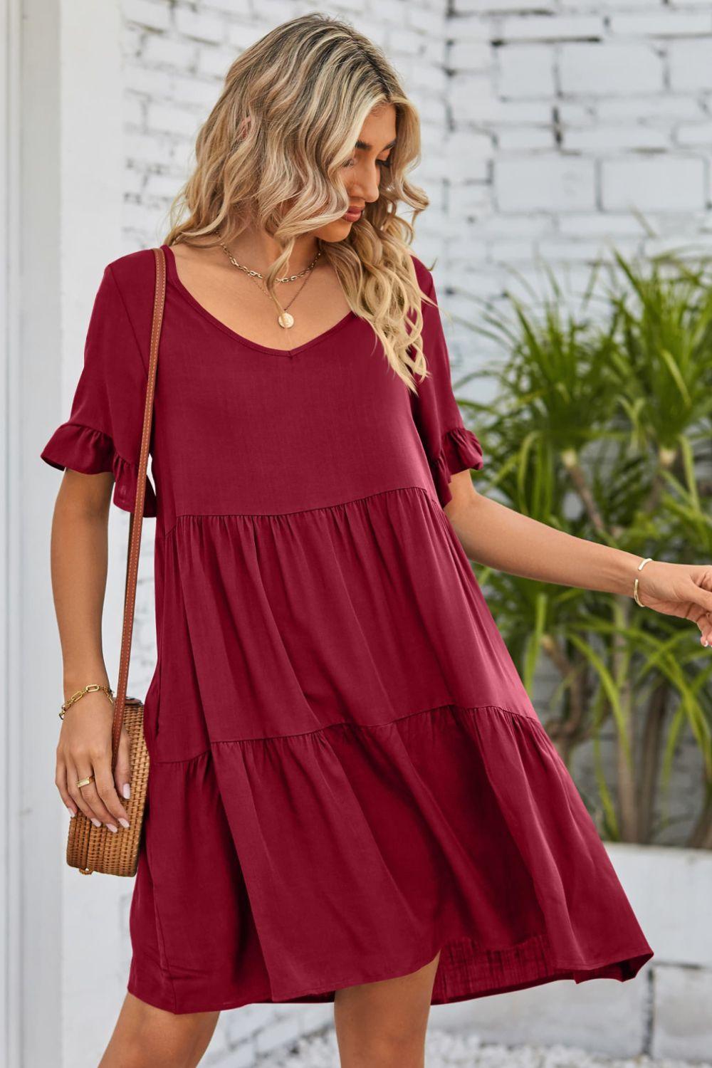 Womens Dress-V-Neck Flounce Sleeve Tiered Dress | Dresses/Mini Dresses