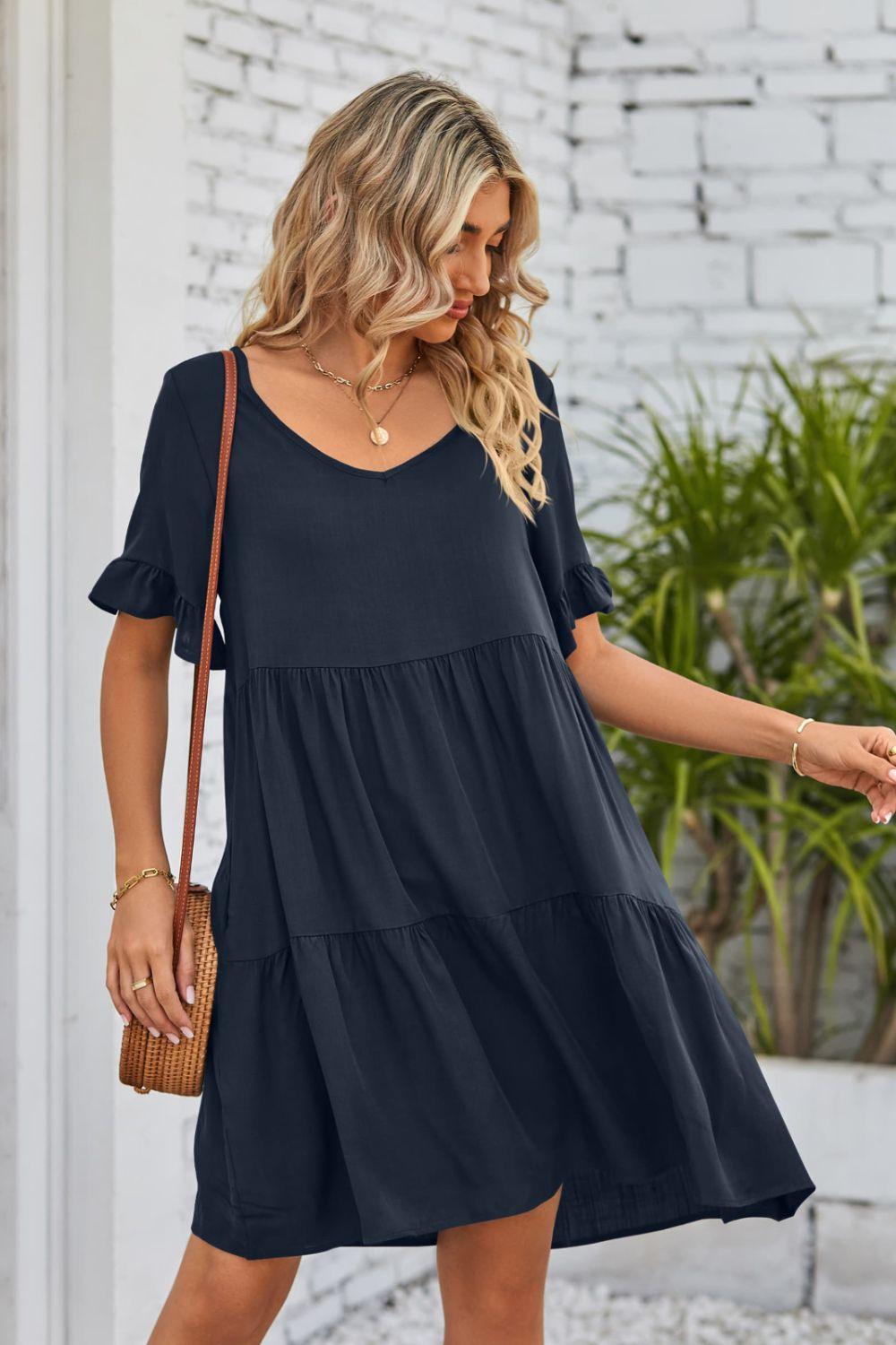 Womens Dress-V-Neck Flounce Sleeve Tiered Dress | Dresses/Mini Dresses