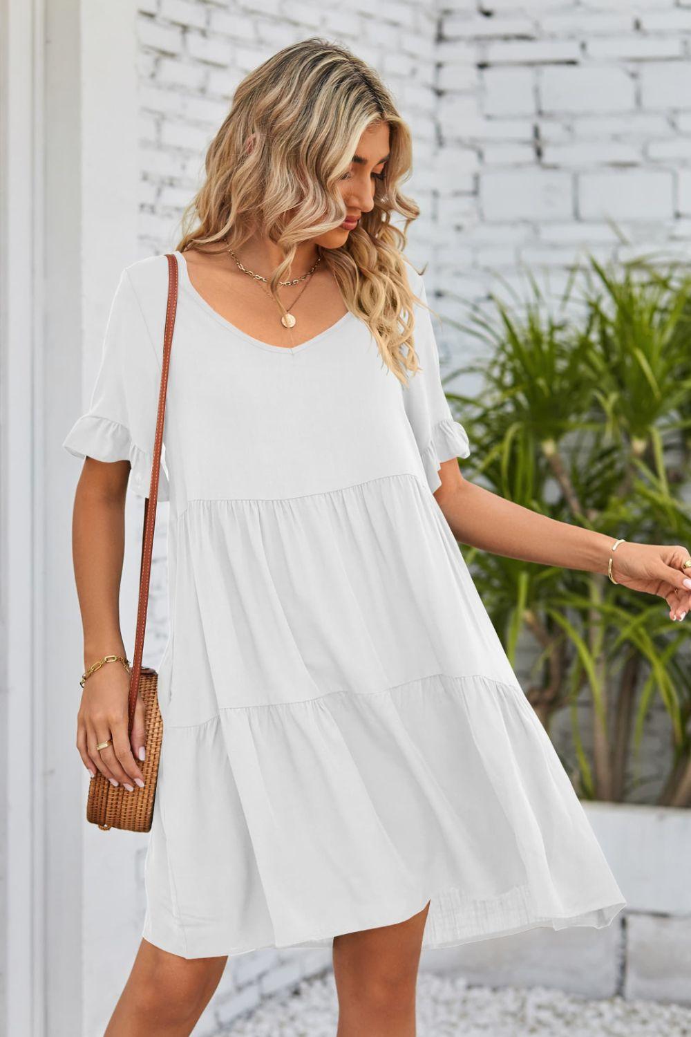 Womens Dress-V-Neck Flounce Sleeve Tiered Dress | Dresses/Mini Dresses