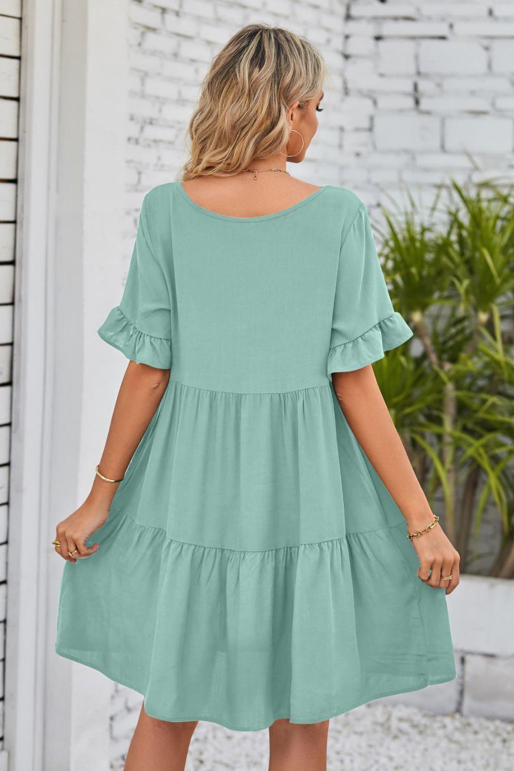 Womens Dress-V-Neck Flounce Sleeve Tiered Dress | Dresses/Mini Dresses