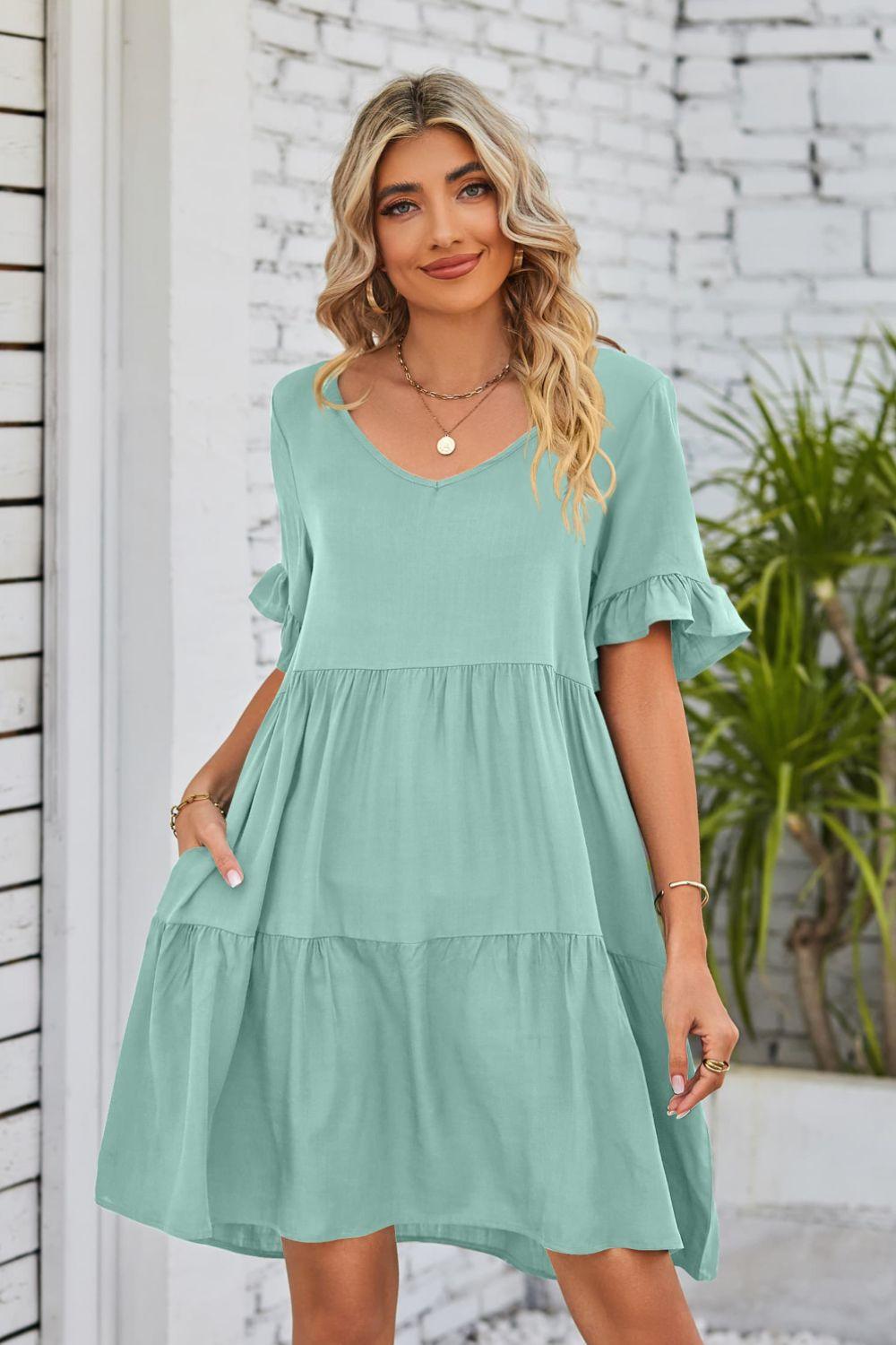 Womens Dress-V-Neck Flounce Sleeve Tiered Dress | Dresses/Mini Dresses