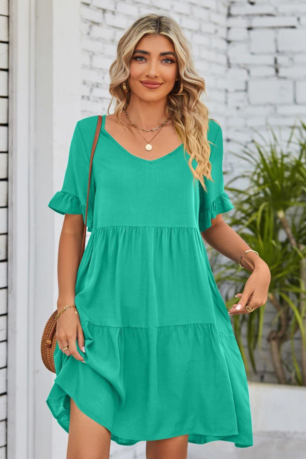 Womens Dress-V-Neck Flounce Sleeve Tiered Dress | Dresses/Mini Dresses