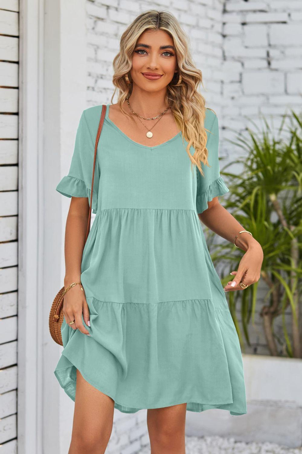 Womens Dress-V-Neck Flounce Sleeve Tiered Dress | Dresses/Mini Dresses