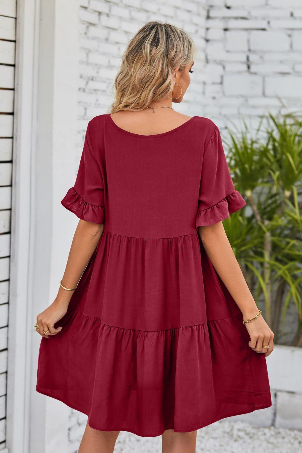 Womens Dress-V-Neck Flounce Sleeve Tiered Dress | Dresses/Mini Dresses