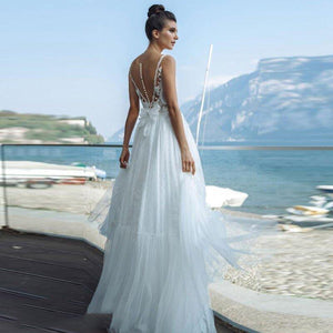 V-neck Tulle Lace Beach Wedding Dress | Lace Applique Bow Broke Girl Philanthropy