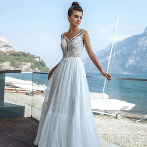 V-neck Tulle Lace Beach Wedding Dress | Lace Applique Bow Broke Girl Philanthropy