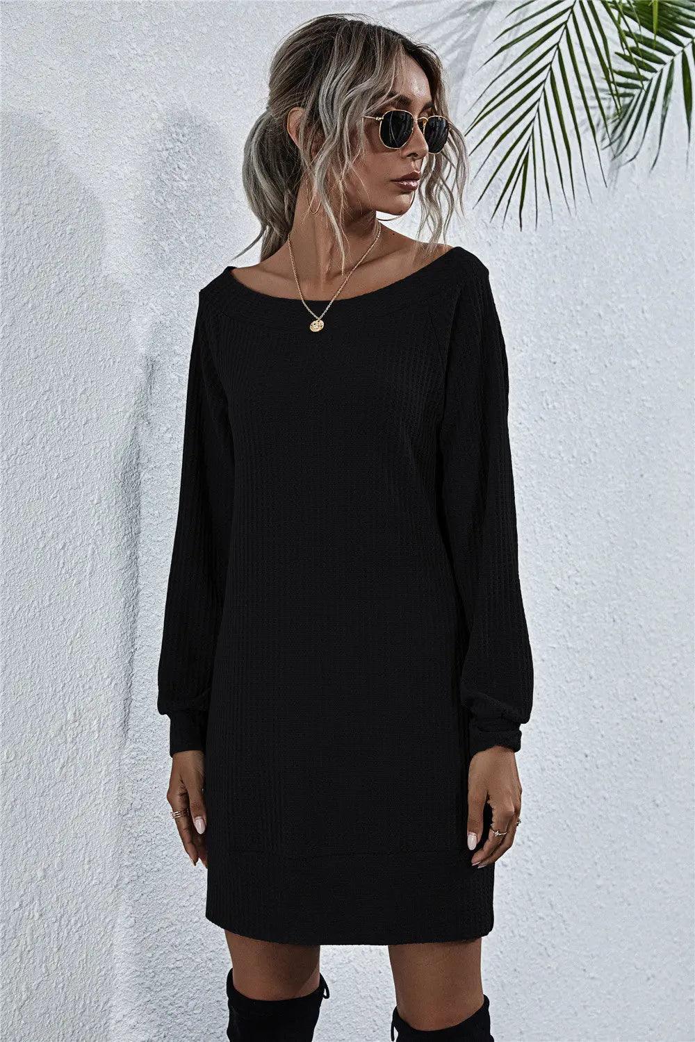 Womens Mini Dress-Waffle-Knit Boat Neck Mini Dress | Dresses