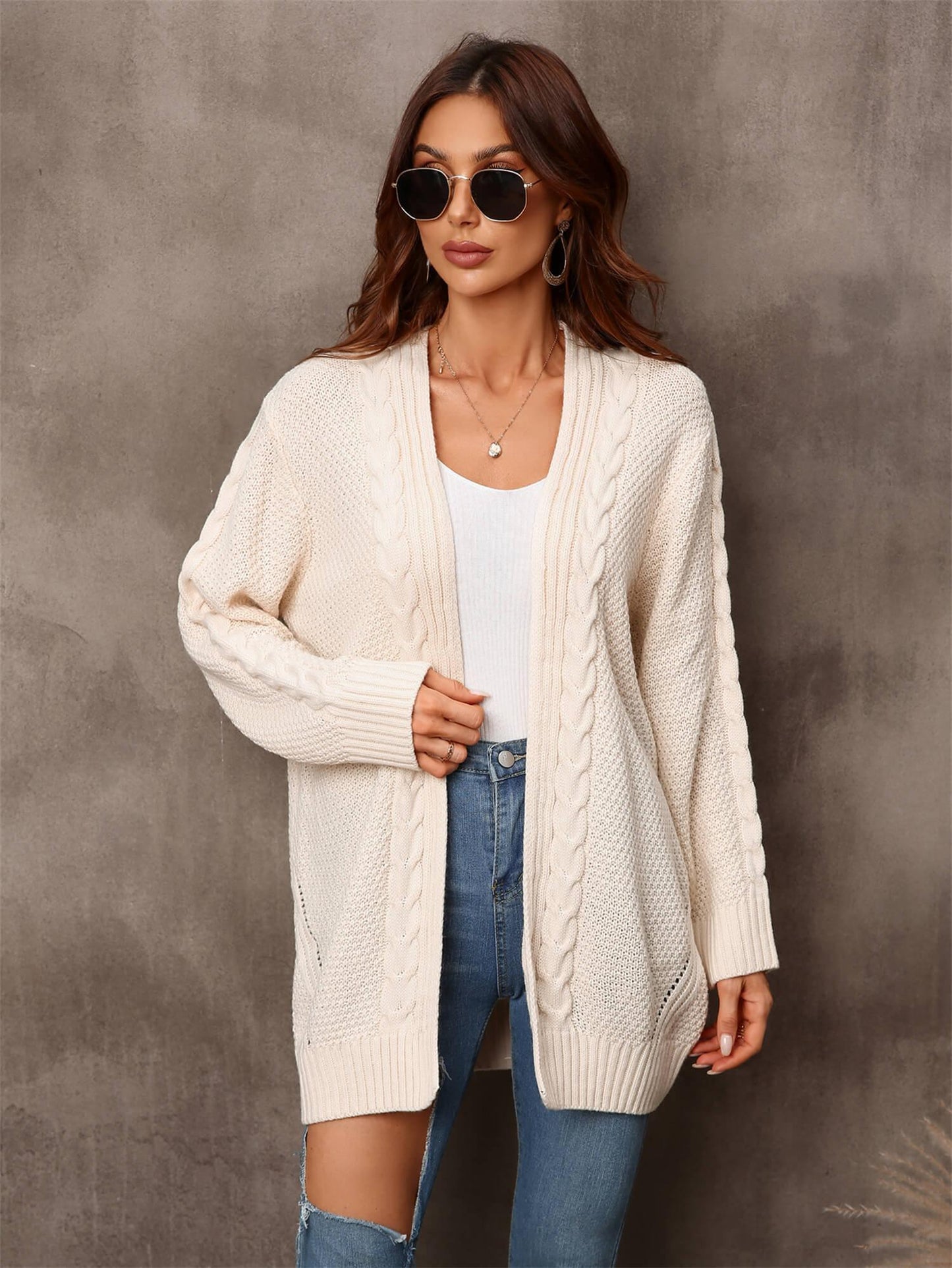 Womens Sweater-Warm Fall Mixed Knit Open Front Longline Cardigan