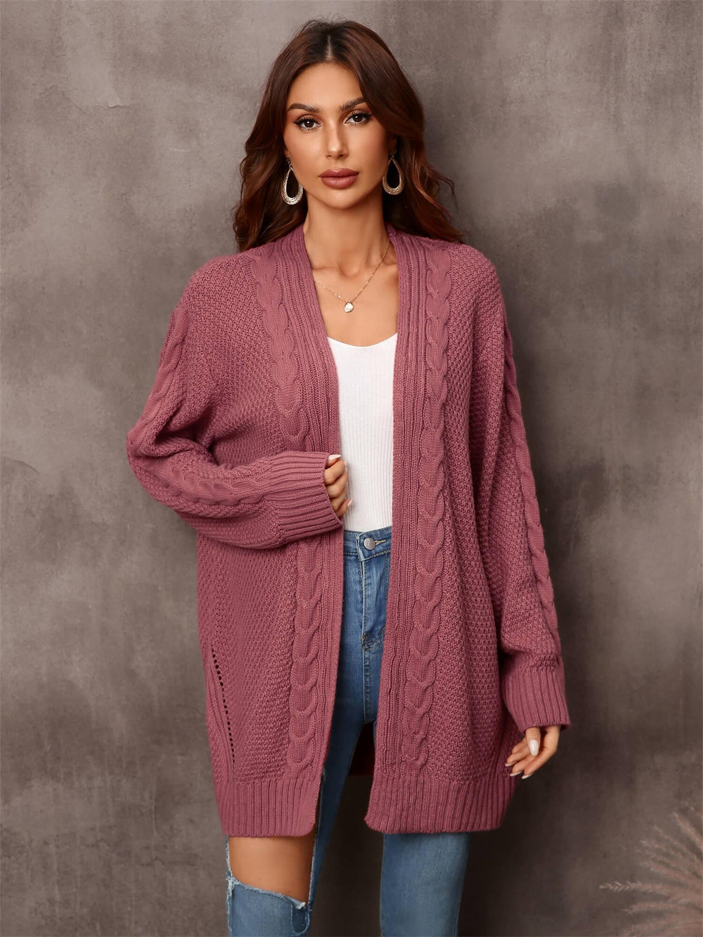 Womens Sweater-Warm Fall Mixed Knit Open Front Longline Cardigan