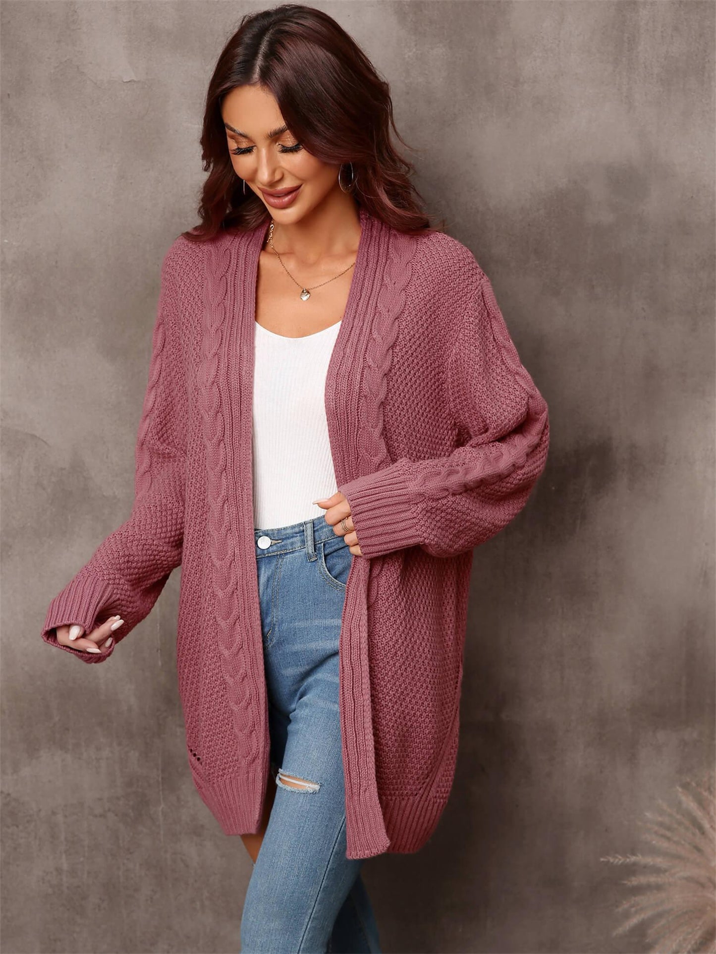 Womens Sweater-Warm Fall Mixed Knit Open Front Longline Cardigan