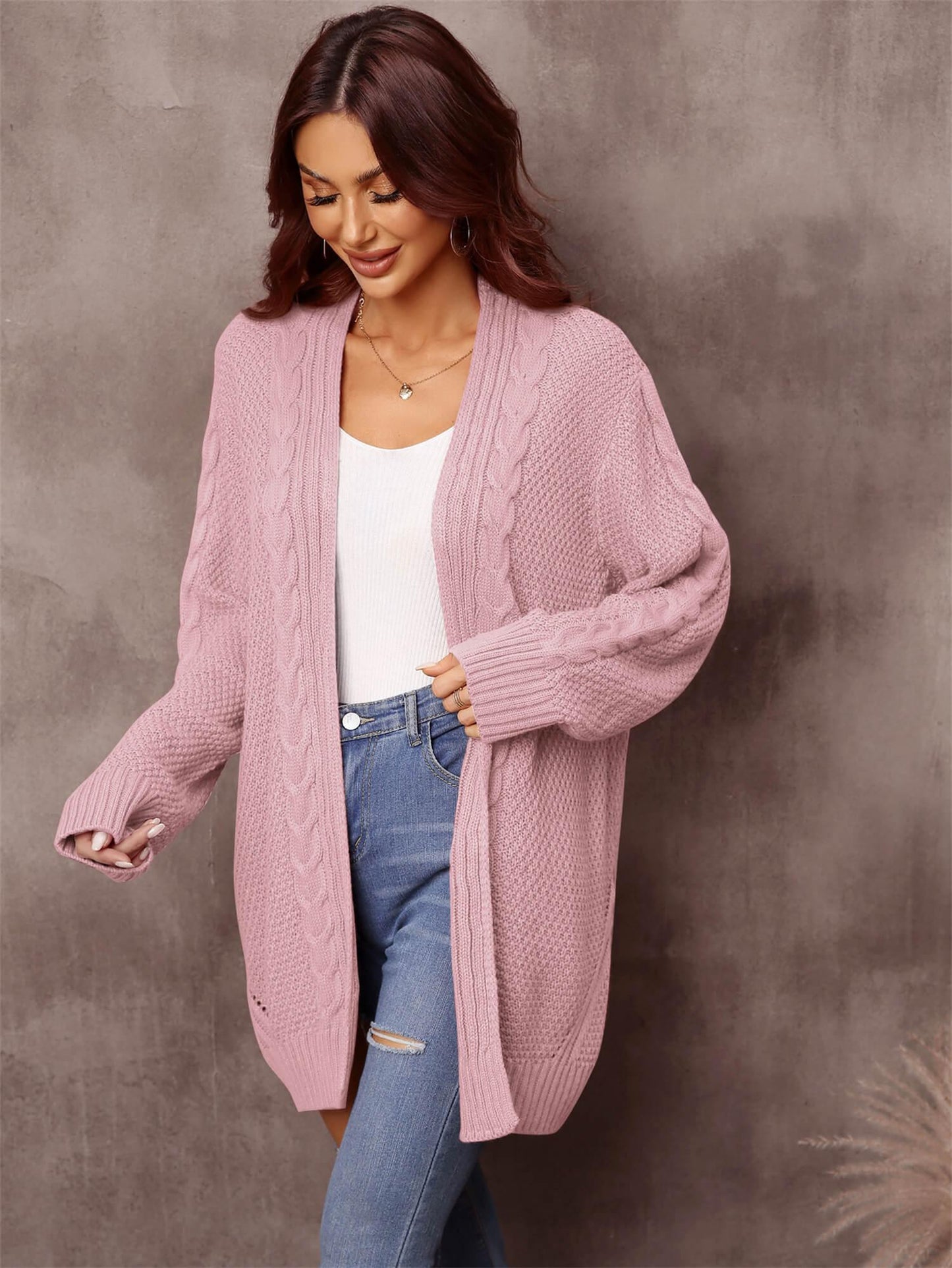 Womens Sweater-Warm Fall Mixed Knit Open Front Longline Cardigan