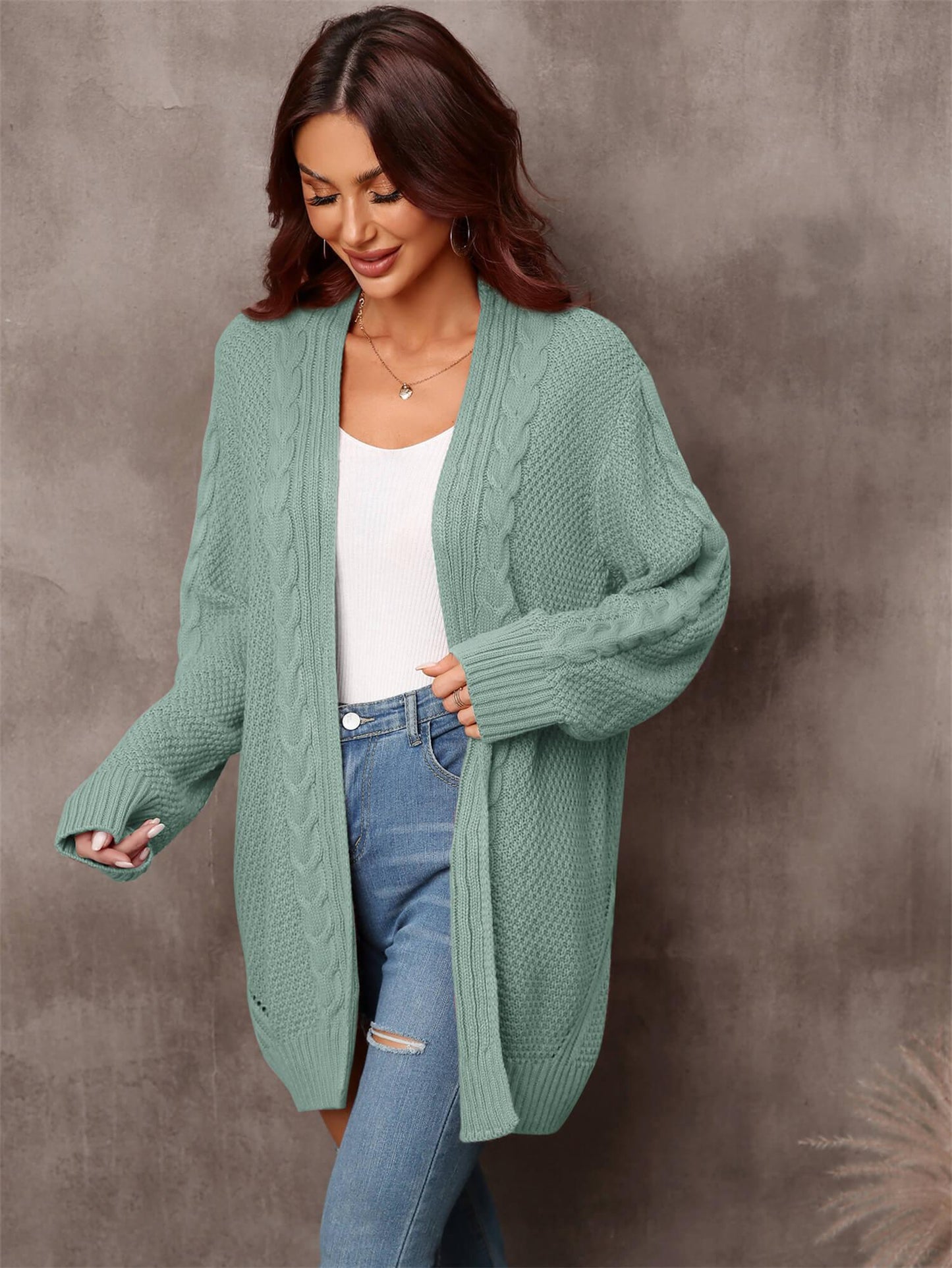 Womens Sweater-Warm Fall Mixed Knit Open Front Longline Cardigan