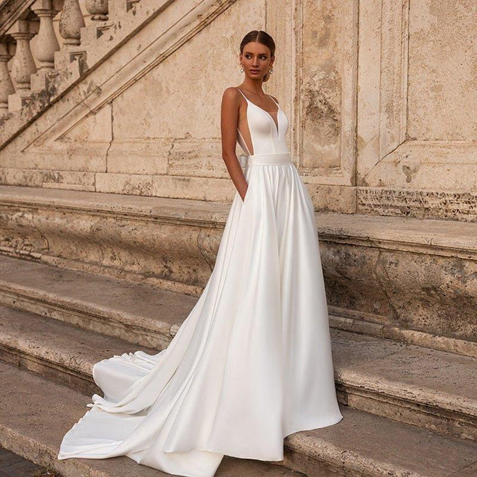 Simple Wedding Dress-White Satin A-Line Bridal Gown | Wedding Dresses